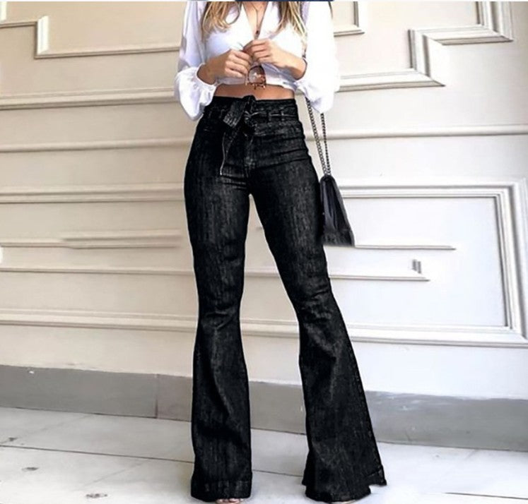 High-Rise Micro-Elastic Lace-Up Flared Wide-Leg Jeans