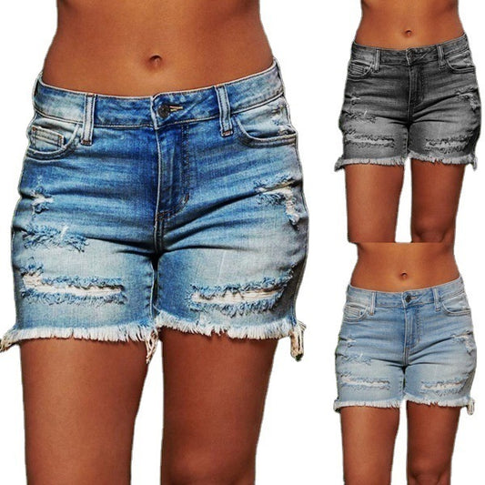 Ripped Fringed High Stretch Denim Shorts