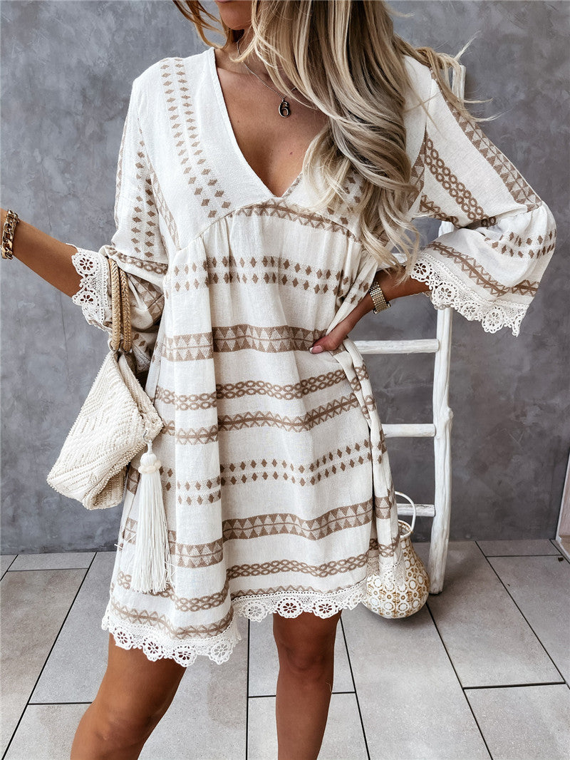 Long Sleeve Geometric Print Loose Stitching V-neck Lace Cuff Dress