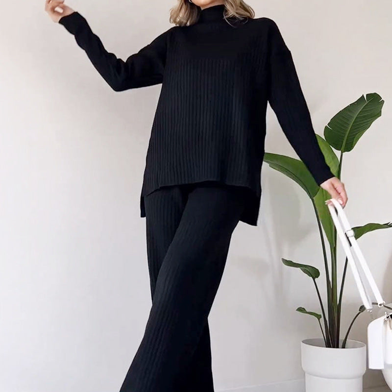 Turtleneck Knitted Suit Loose Split Design Long-sleeved Top And Straight Trousers Set