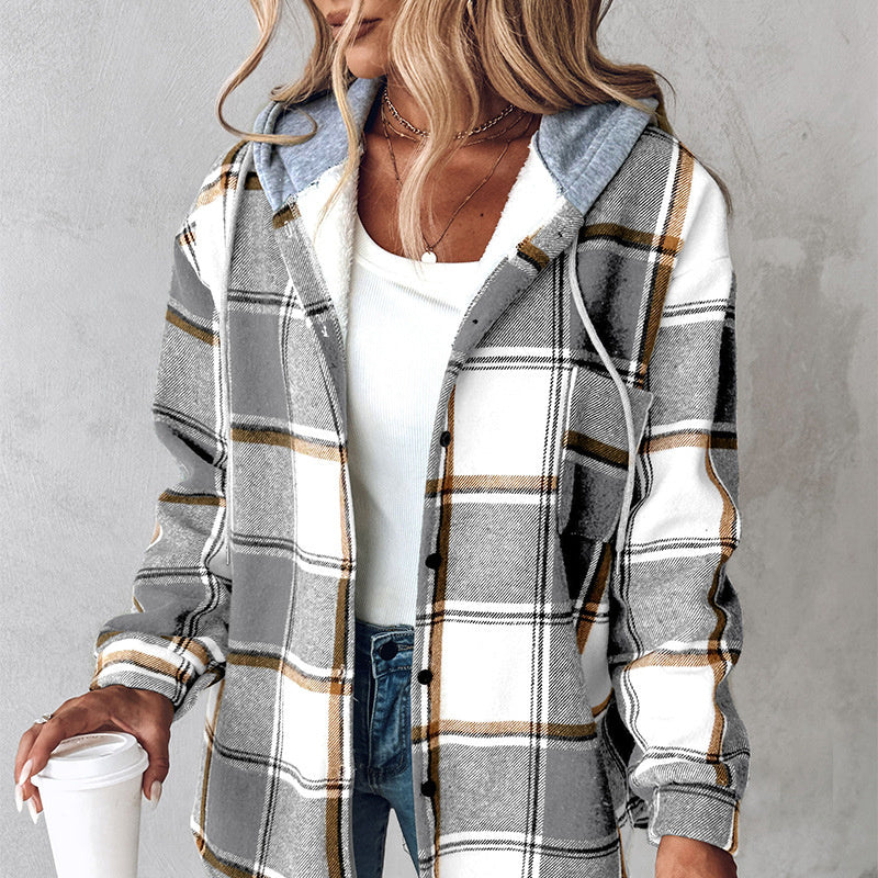 Solid Color Plaid Hooded Jacket