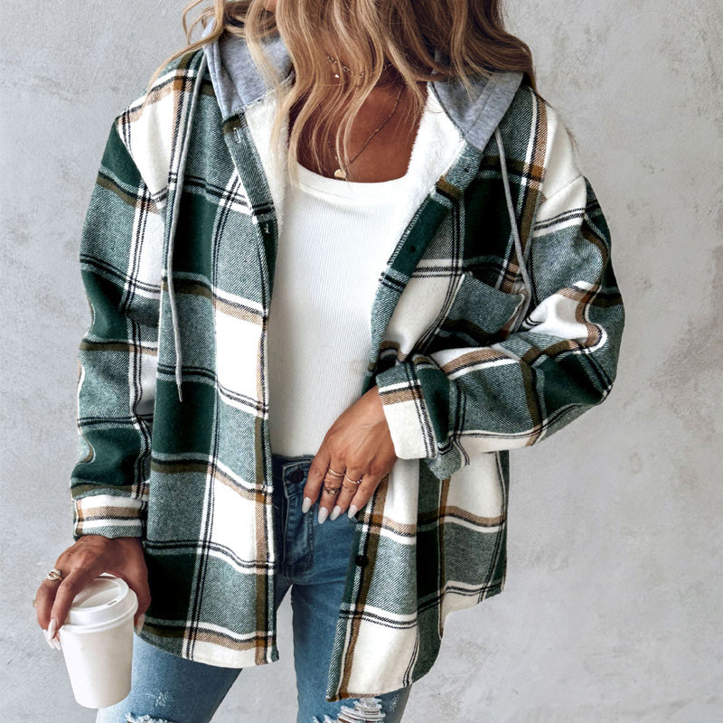 Solid Color Plaid Hooded Jacket