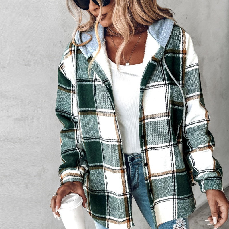 Solid Color Plaid Hooded Jacket