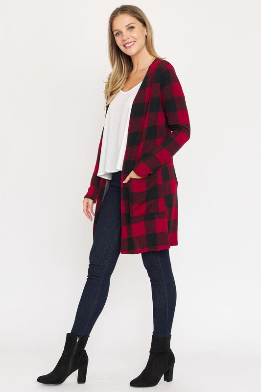 Long Buffalo Plaid Open Cardigan