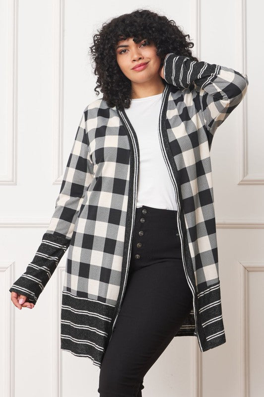 Long Buffalo Plaid Stripe Trim Open Cardigan