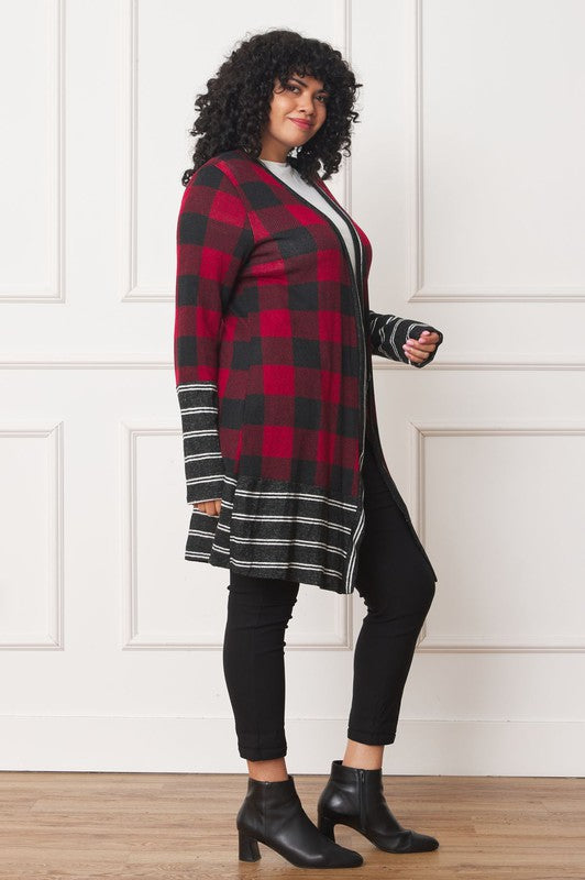 Long Buffalo Plaid Stripe Trim Open Cardigan