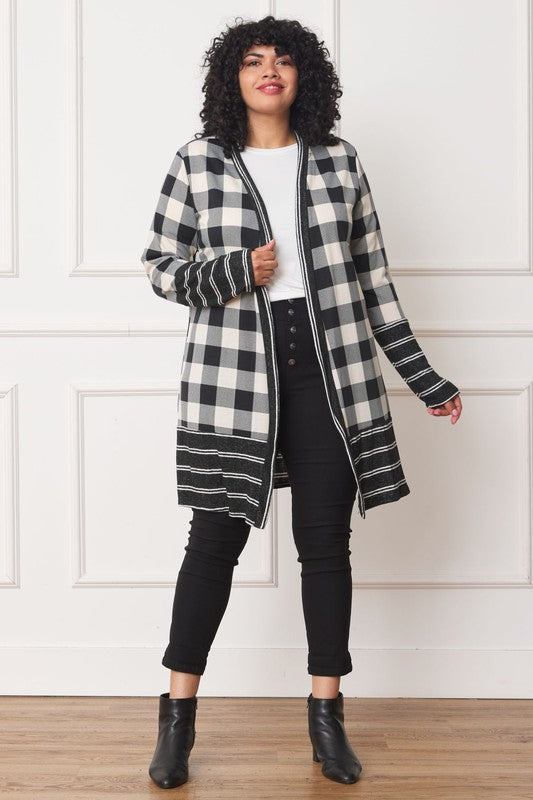 Long Buffalo Plaid Stripe Trim Open Cardigan