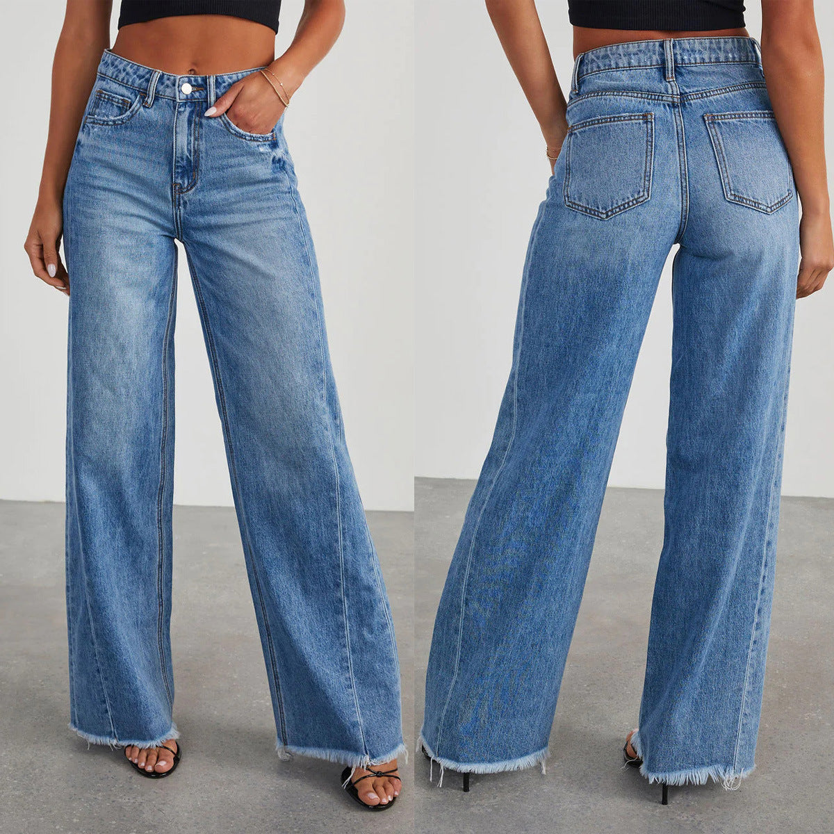 Loose Wide-leg Side Seam Stitching Frayed Hem Jeans