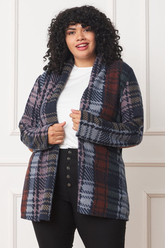 Plus Multi Color Plaid Elbow Patch Cardigan