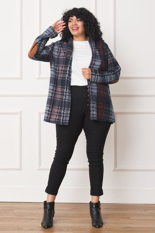 Plus Multi Color Plaid Elbow Patch Cardigan