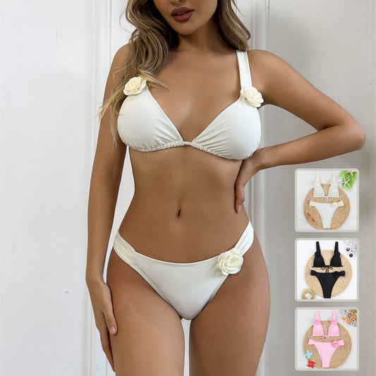 Three-dimensional (3D) Flowers Solid Color Bikini Set