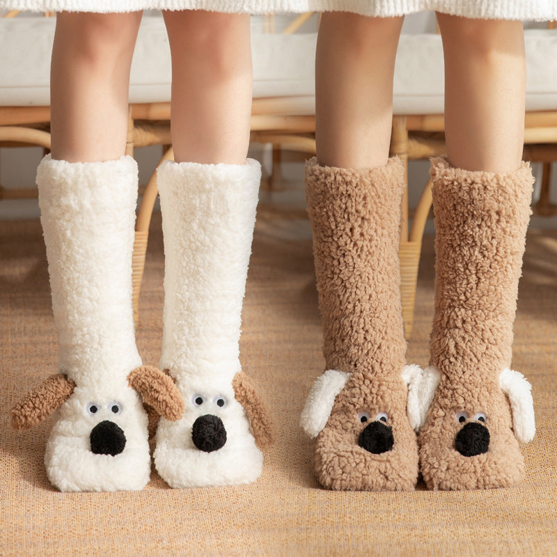 Cute Cartoon Dog Floor Socks Winter Warm Non-slip Plush Socks For Wamen