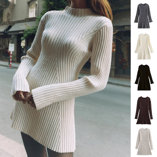 Fashion Solid Ribbed Knitted Dress Fall And Winter Slim-fit Stand-up Collar A-line Dresses Women's Clothing