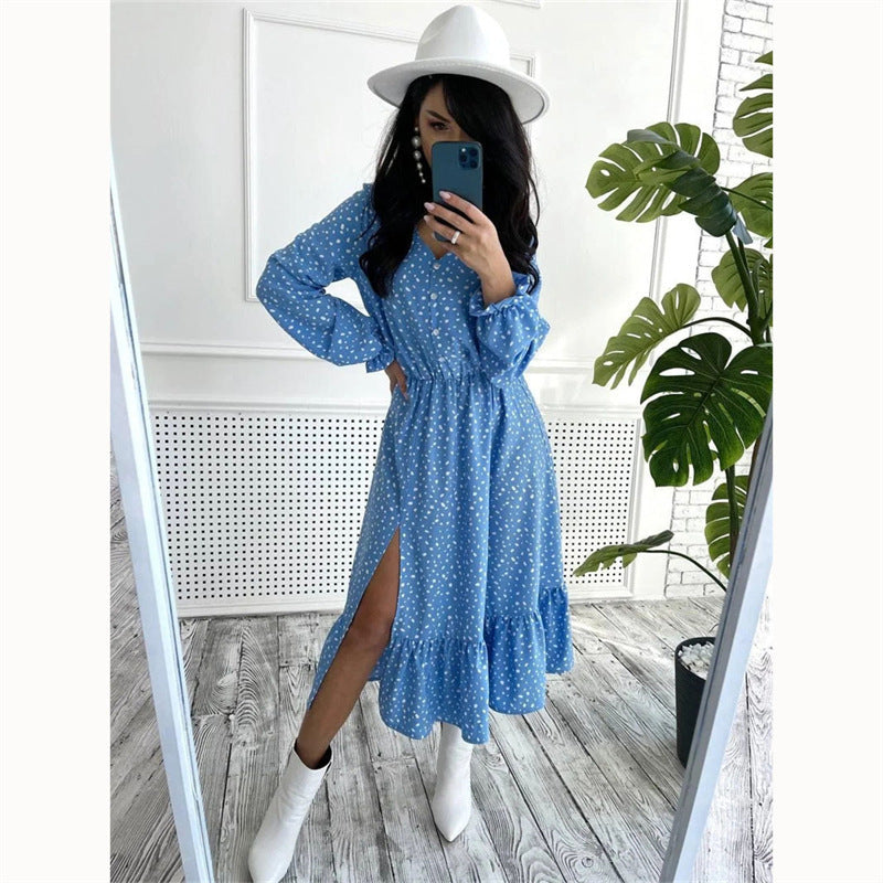 V-neck Casual Polka Dot Long Dress Split Dress