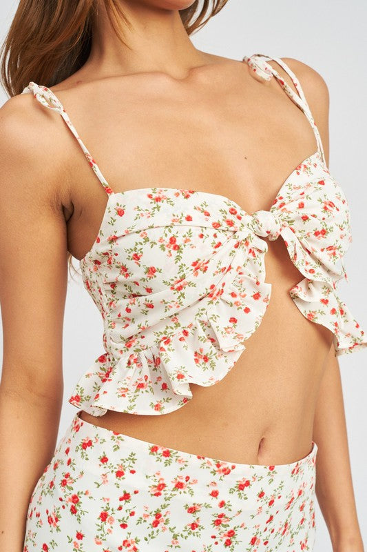 Front Knot Crop Top With Ruffles