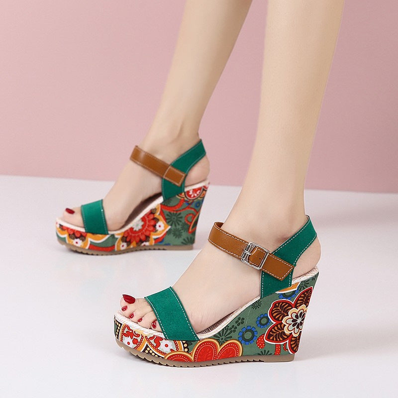 Floral Embroidered High Wedge Sandals