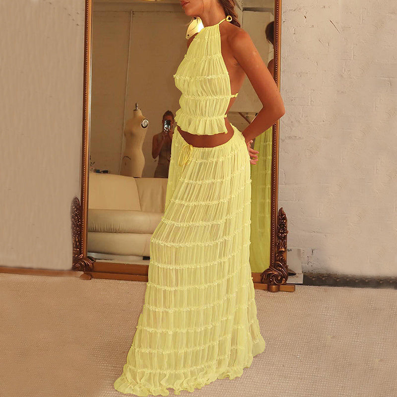 2pc Dress Suit, Sleeveless, Backless Cropped Halter Top And Pleated Long Dress