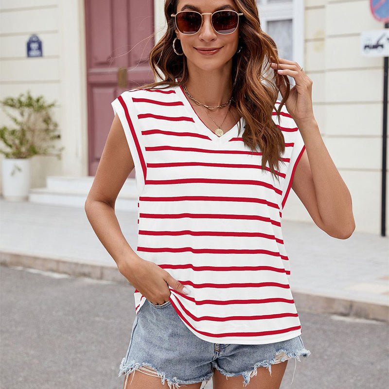 Stripe Print V-neck Short-sleeved T-Shirt