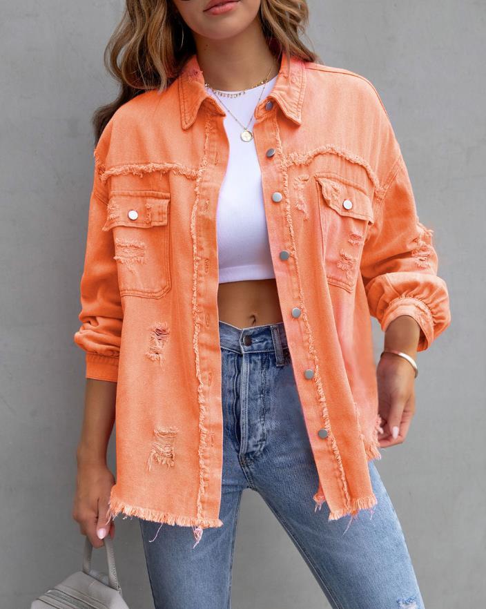 Oversized Frayed Lightweight Denim Jacket\Shacket