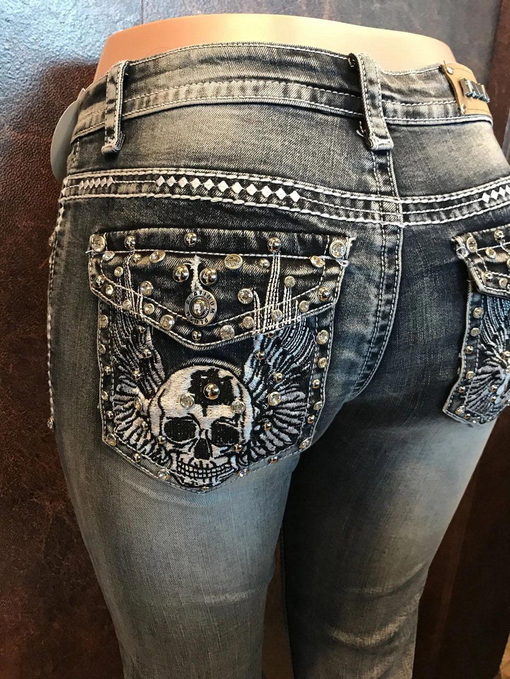 New Retro Embroidered Skull Hot Rhinestone Elastic Slim Fit Slimming Skinny Denim Jeans