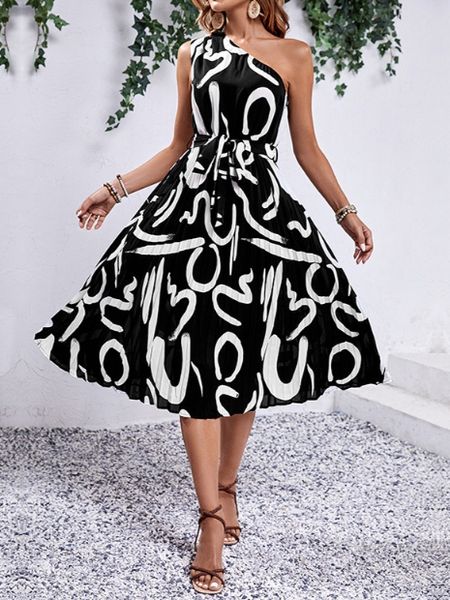 Printed One Shoulder Tie-Waist Sleeveless Dress