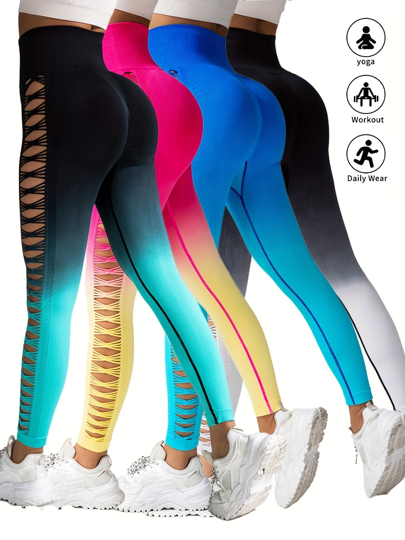 4 Pack Cut Out Ombre Gradient Color Hollow High-waist Butt-lifting Yoga Pants