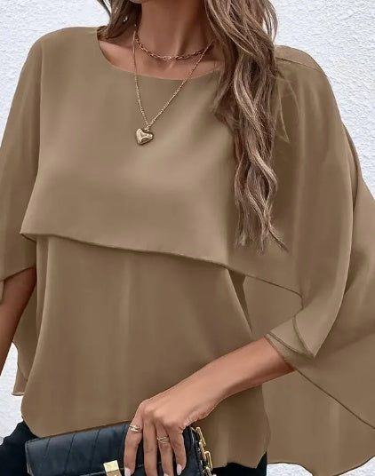 Solid Layered Cloak Sleeve Blouse, Versatile Crew Neck Blouse