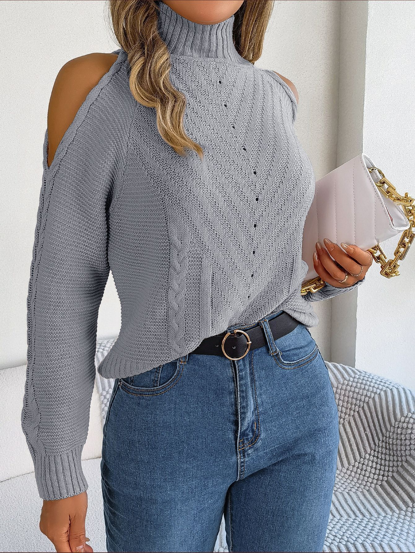 Off-the-shoulder Turtleneck Hollow-out Long Sleeve Knitted Pullover Sweater