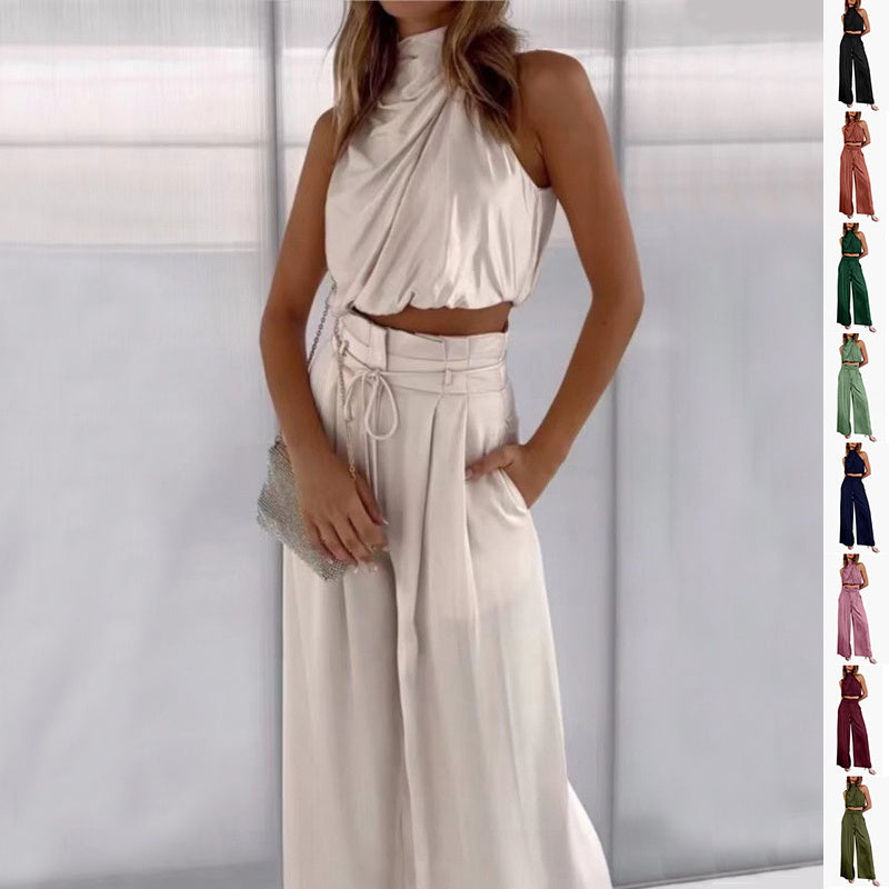 Sleeveless Midriff-baring Top And Wide Leg Pants Set