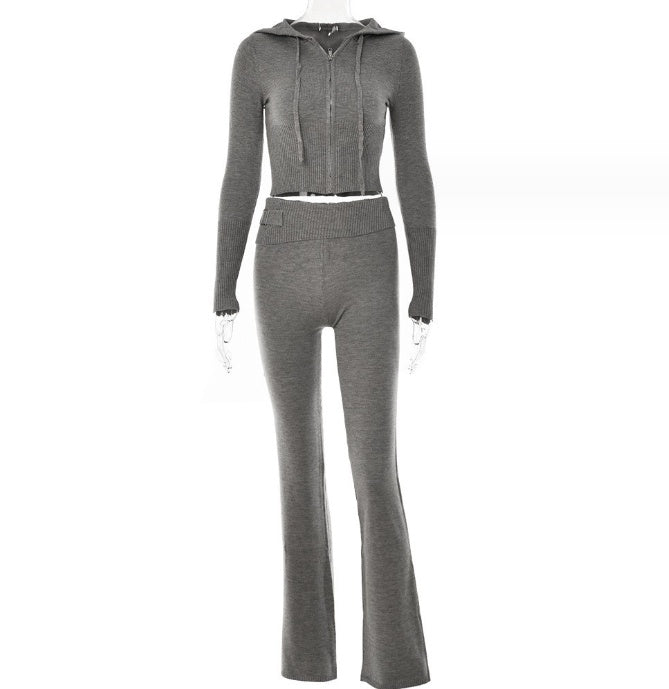 Zip Up Long Sleeve Hoodie Sweater And High Waist Long Pants Set