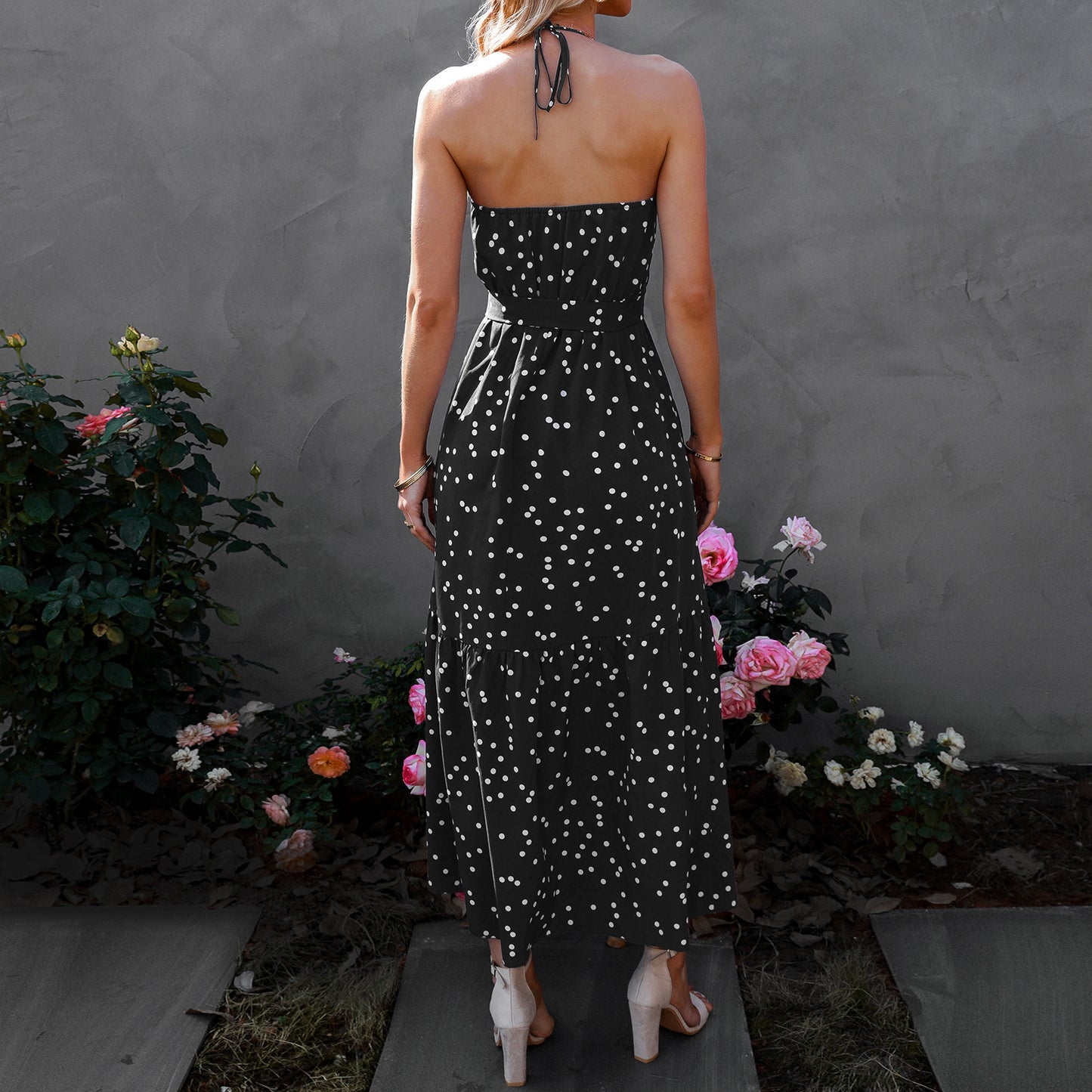 V-Neck Strap Polka Dot Long Dress