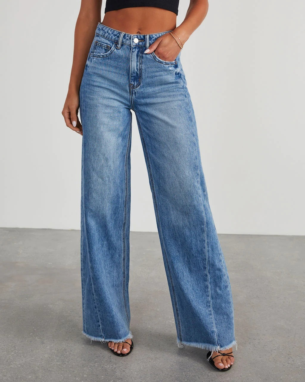 Loose Wide-leg Side Seam Stitching Frayed Hem Jeans