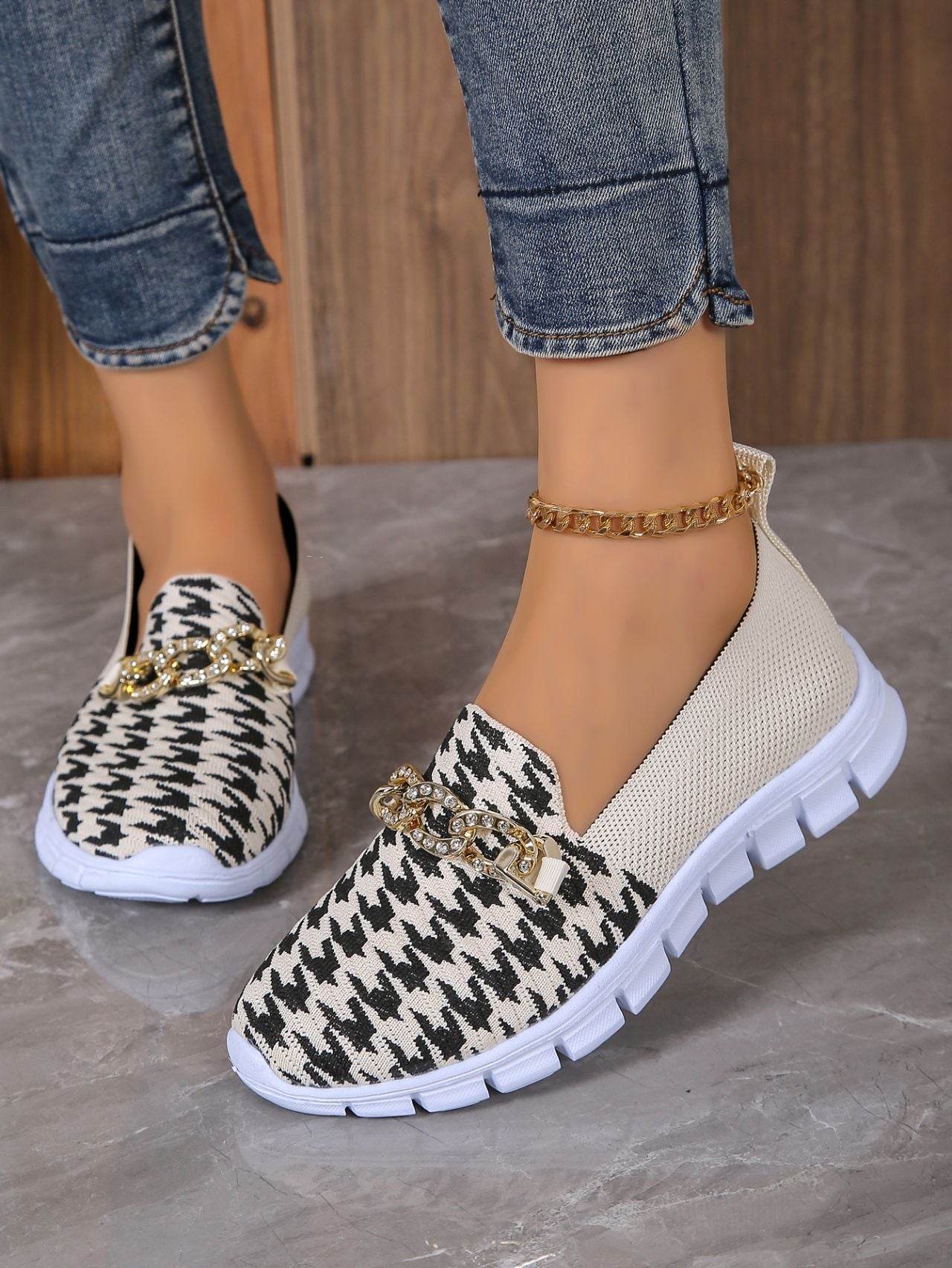 Casual Houndstooth Print Chain Mesh Shoes