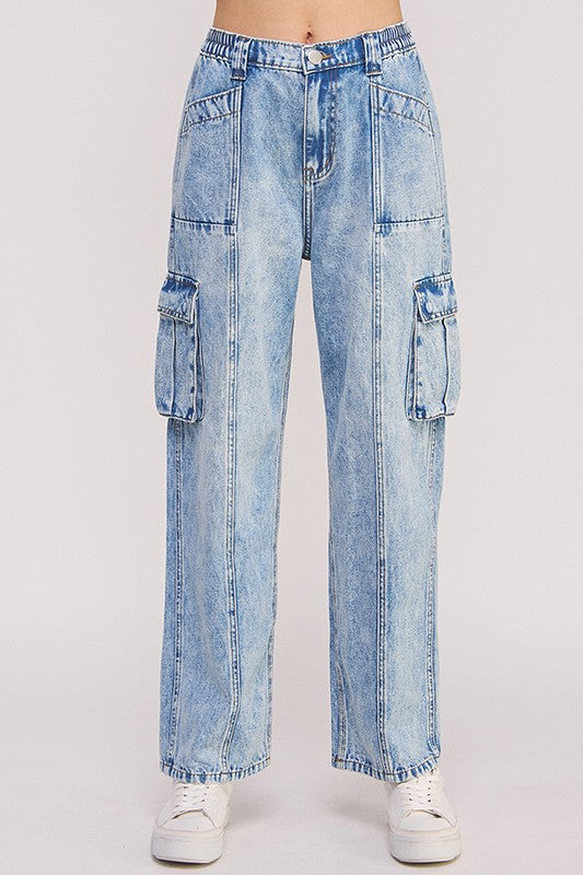 High Waisted Baggy Denim Cargo Ankle Length Trousers