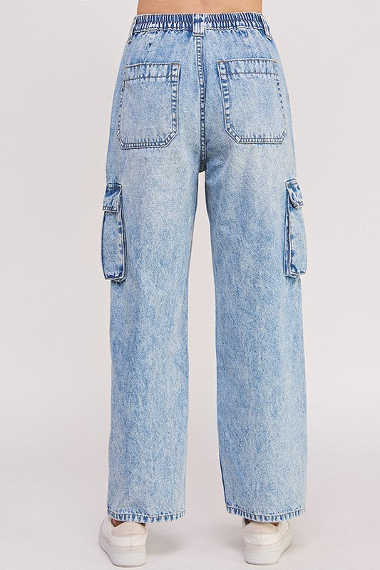 High Waisted Baggy Denim Cargo Ankle Length Trousers