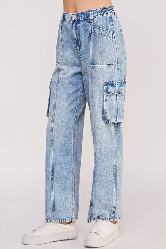 High Waisted Baggy Denim Cargo Ankle Length Trousers