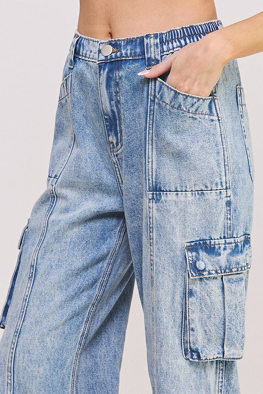 High Waisted Baggy Denim Cargo Ankle Length Trousers