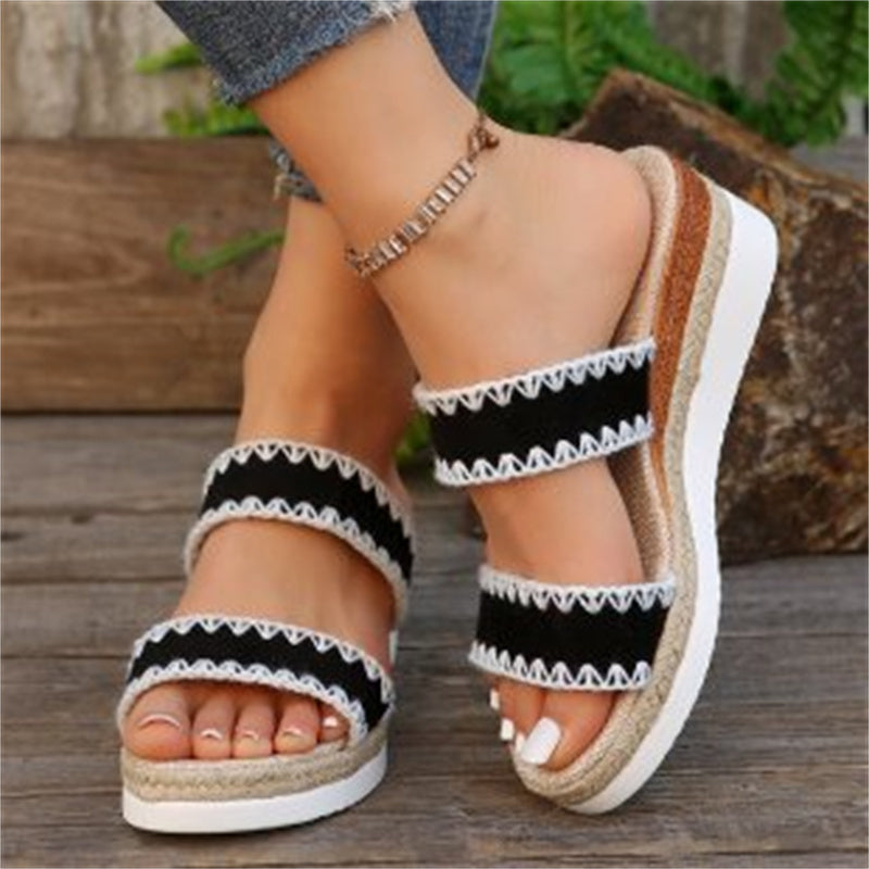 New Hemp Rope Woven Wedge Slippers, Ethnic Style and Double Wide Strap