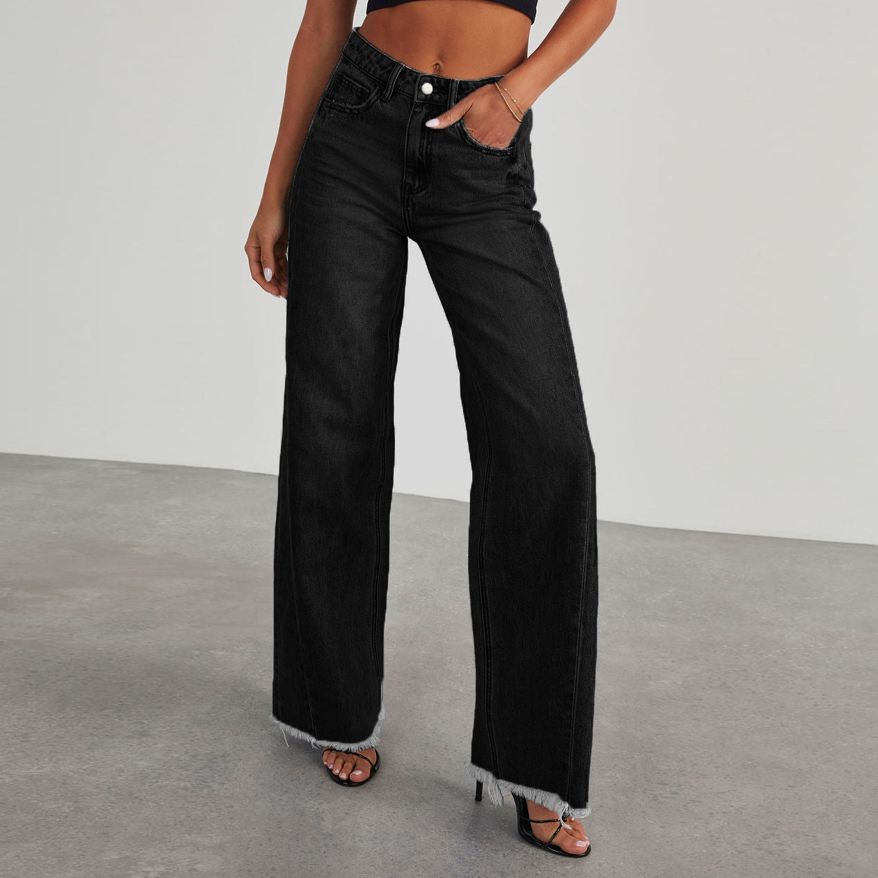 High Waist Jeans With Pockets ,Slim Fit Straight Wide-leg