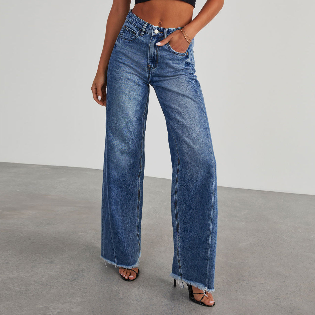 High Waist Jeans With Pockets ,Slim Fit Straight Wide-leg