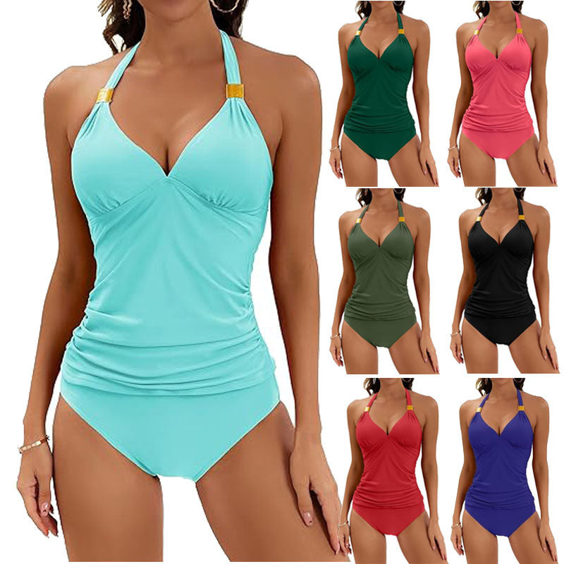 Pure Color Halter Split Tie Two Piece Swimsuit