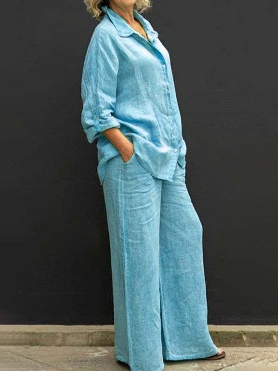 Solid Color Casual Shirt Pants Suit