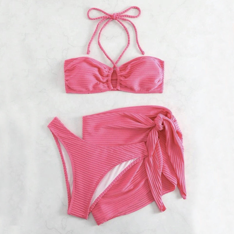 3pcs Solid Color Stripe Swimsuit