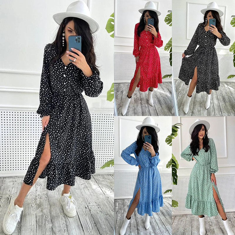 V-neck Casual Polka Dot Long Dress Split Dress