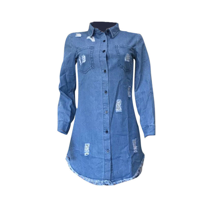 Short Ripped Denim Dress With Fringed Buttons