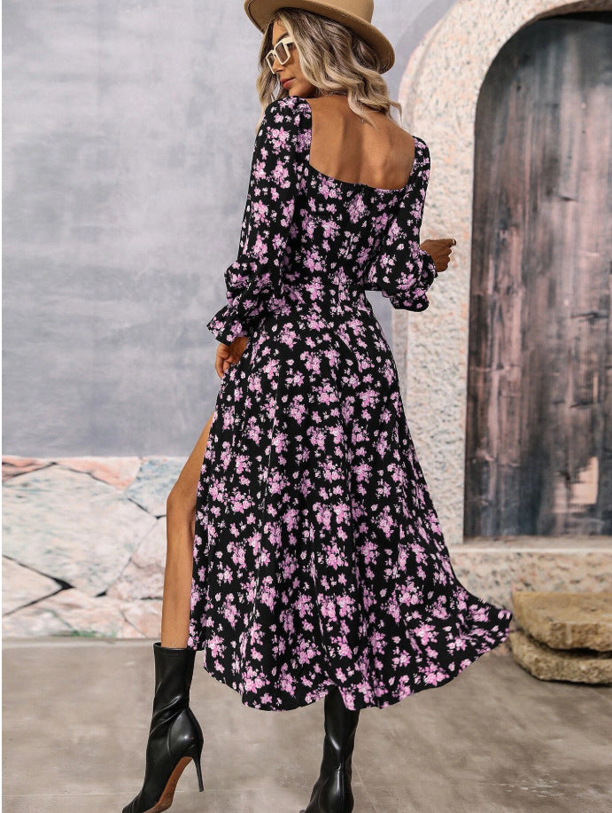 Flowers Printing Long Sleeve Square-neck Bottom Slit Dresses