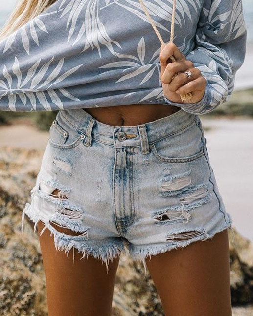 High Waist Ripped Tassel Denim Shorts