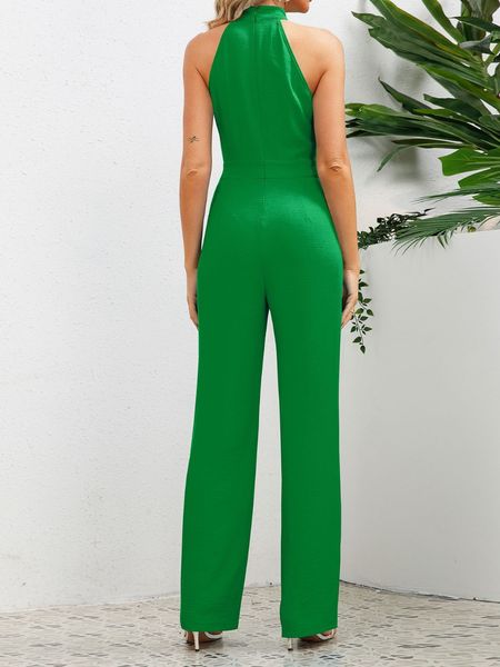 Halter Bowknot Neck Solid Jumpsuit Sleeveless High Waist Long Pants