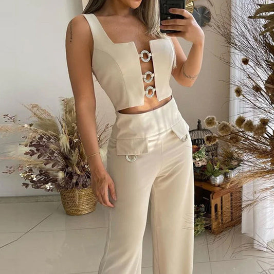 Square Collar Top Loose Flared Pants Two-piece Set