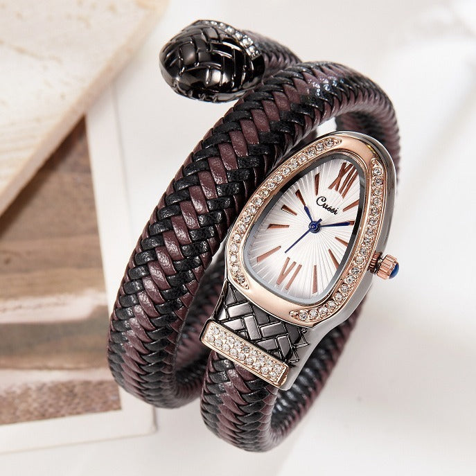 Snake Quartz Watch, Diamond Leather Strap